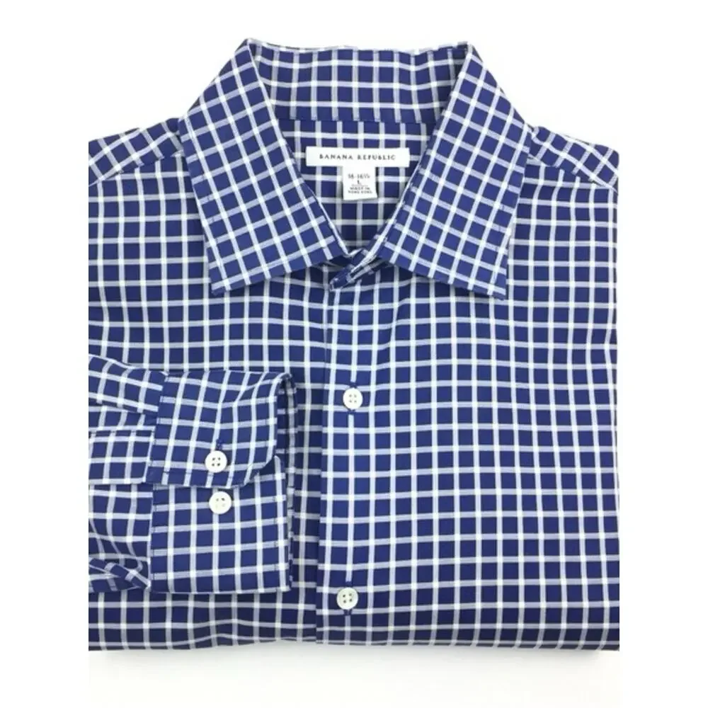 Banana Republic Men's Blue and White Check Dress Shirt Like New Size Medium